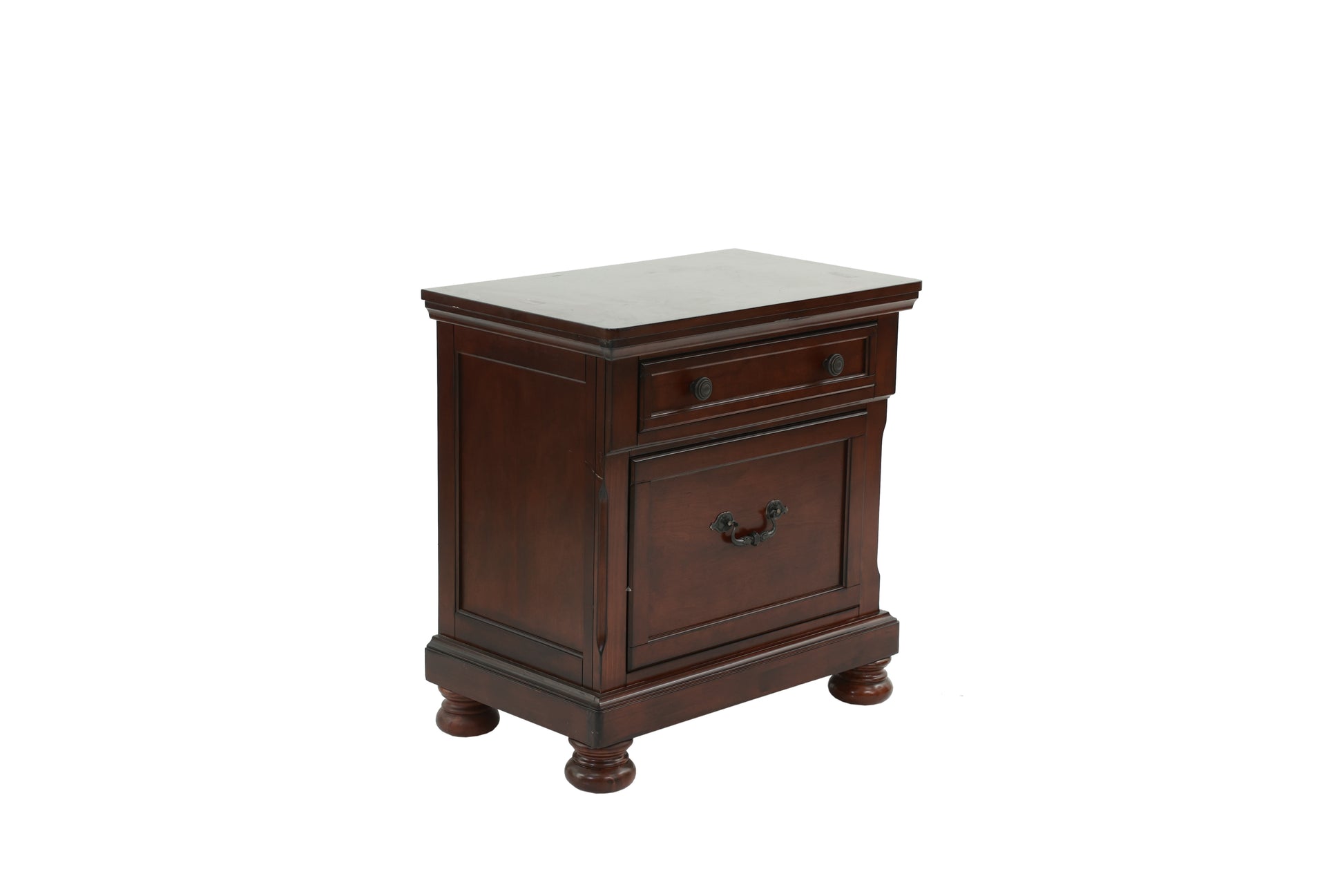 Dark brown wooden nightstand with ornate drawer pull and two small drawers
