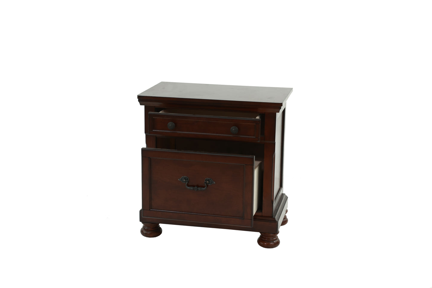 Dark cherry wood nightstand with one open drawer and decorative hardware