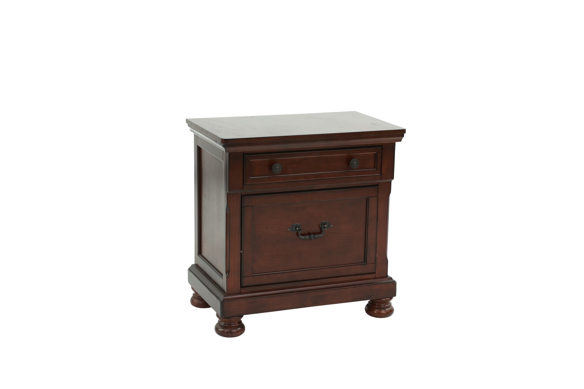 Rich mahogany nightstand with one drawer and one cabinet door featuring ornate hardware