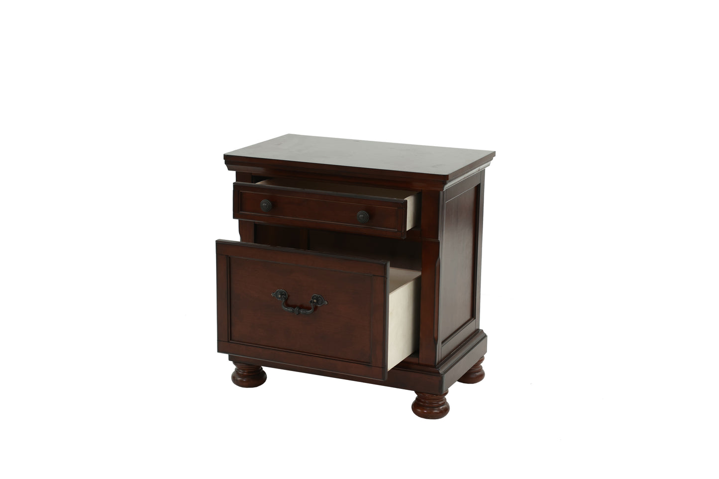 Dark cherry wood nightstand with two open drawers and ornate handles