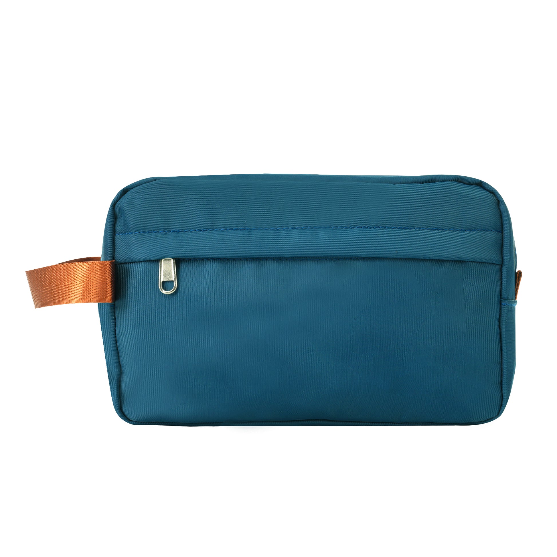 Teal nylon toiletry bag with orange loop and silver zipper