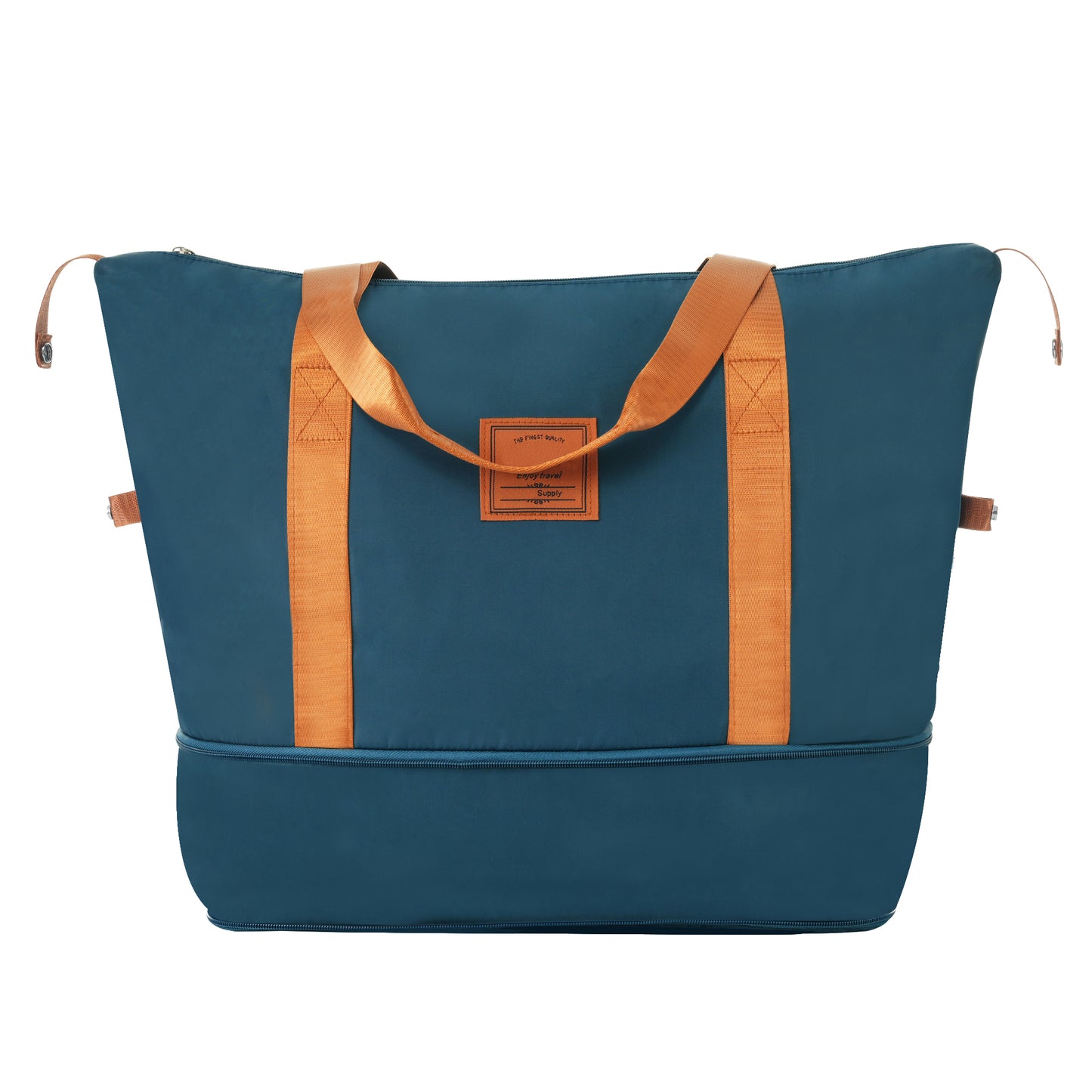 Teal duffel bag with orange straps and leather accents perfect for weekend travel