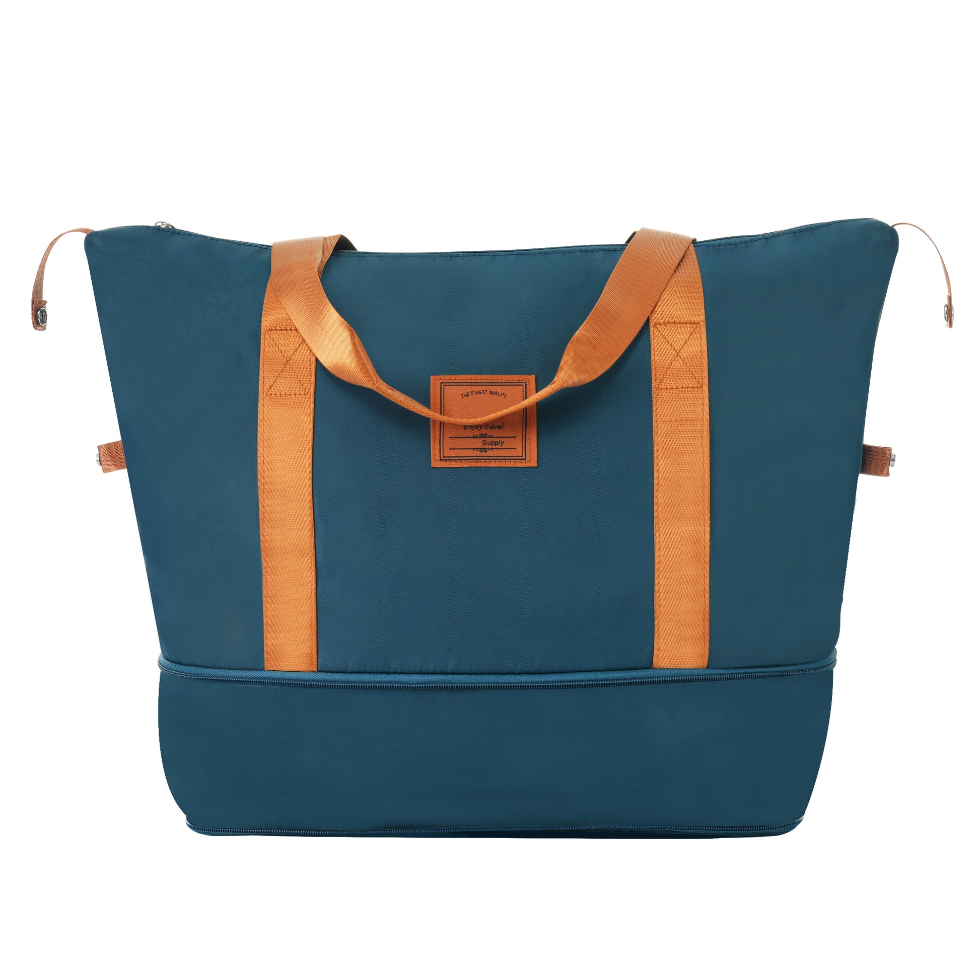 Teal duffel bag with orange straps and leather accents perfect for weekend travel
