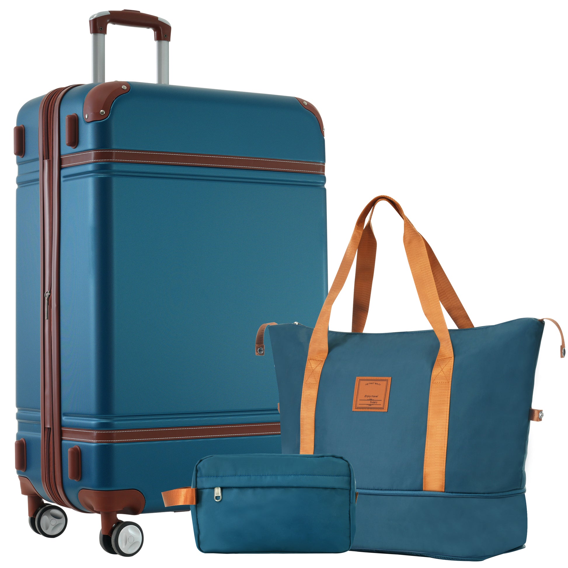 Teal hard shell rolling suitcase with brown trim and matching tote bag and travel kit