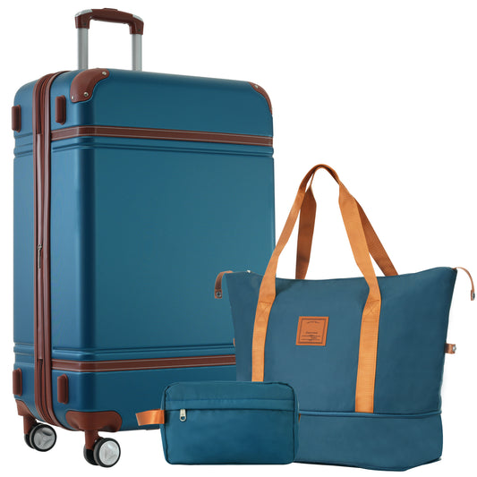 Teal hard shell rolling suitcase with brown trim and matching tote bag and travel kit