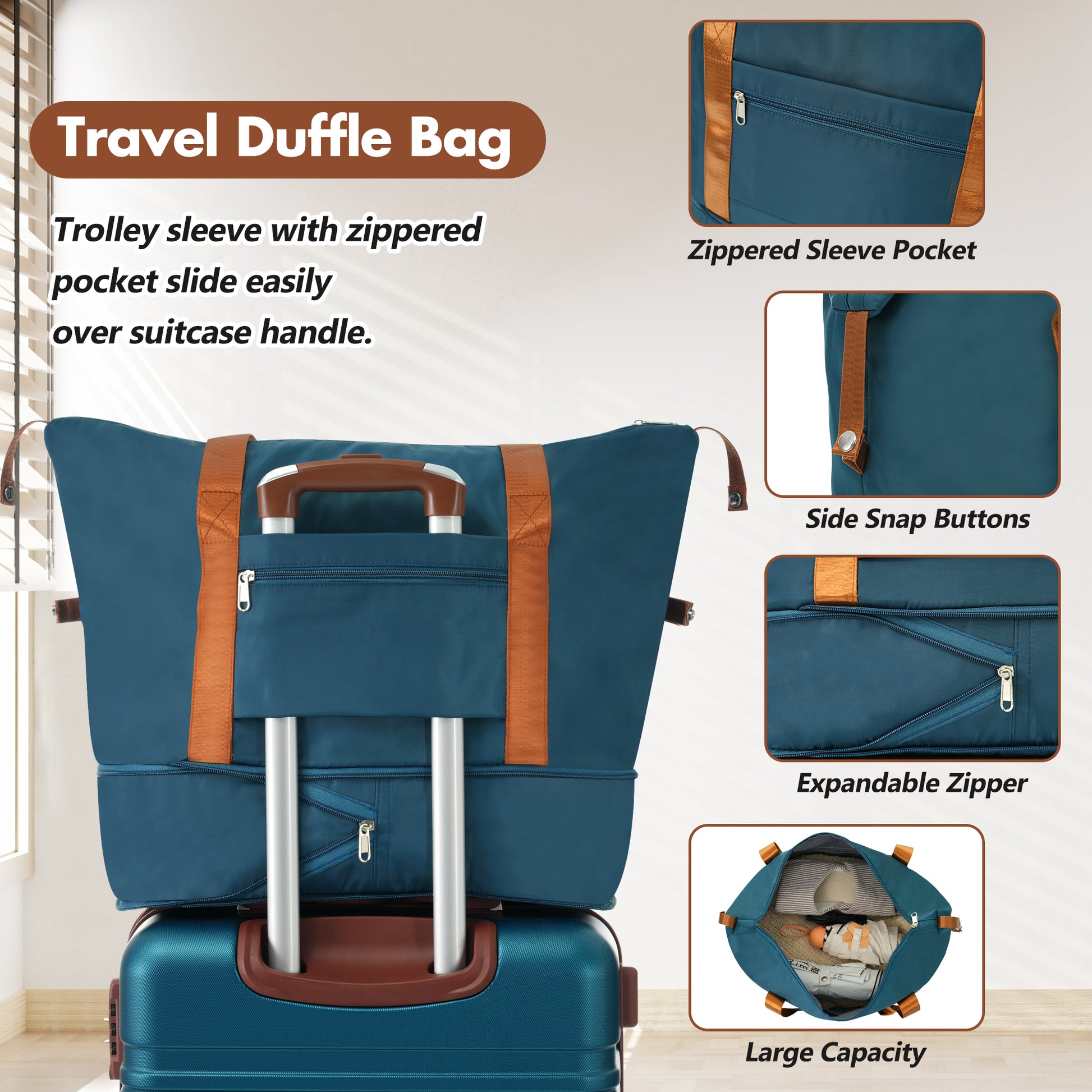 Teal travel duffle bag with brown straps slides over suitcase handle via trolley sleeve