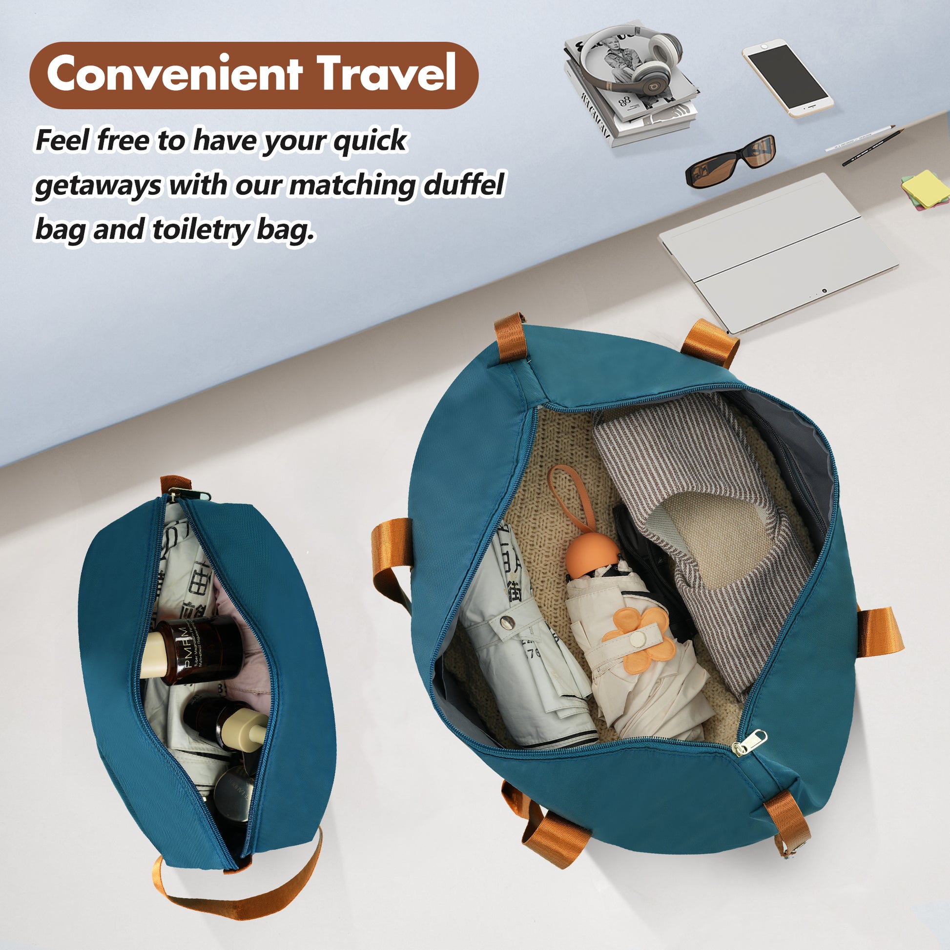 Teal duffel bag with brown straps packed with folded clothes and a small umbrella