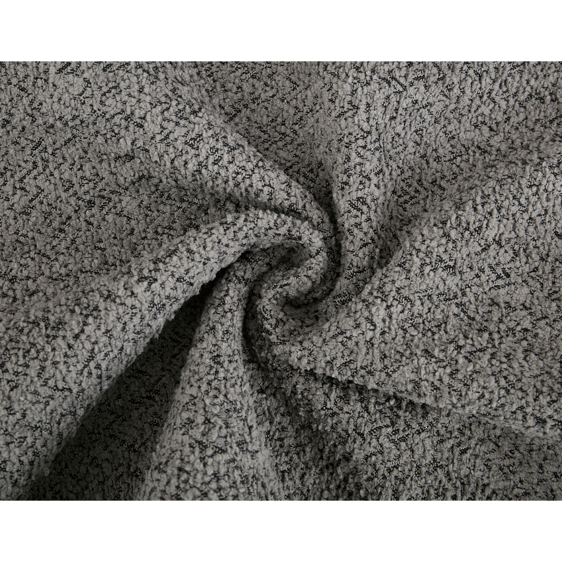 Textured gray boucle fabric with black flecks perfect for upholstery projects