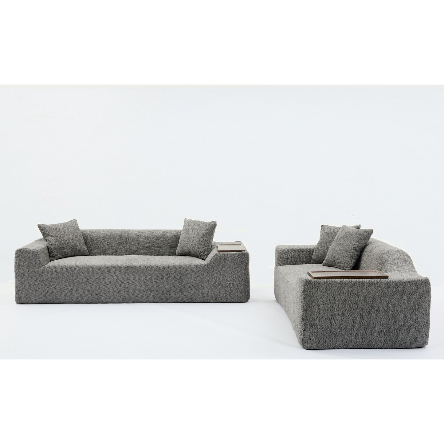 Gray modular sectional sofa with integrated wooden side tables perfect for modern living rooms