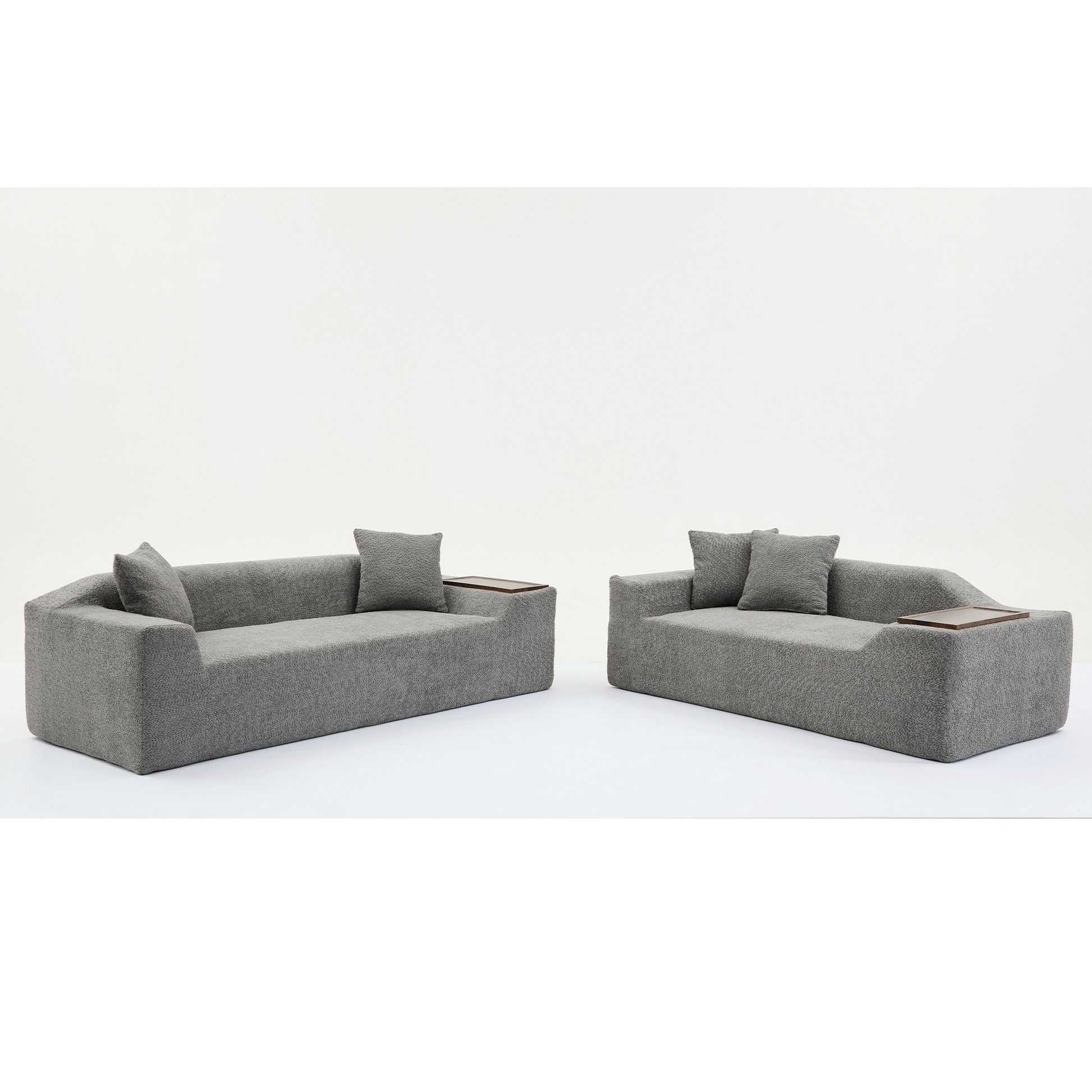 Modern grey fabric modular sofa with builtin wooden side table