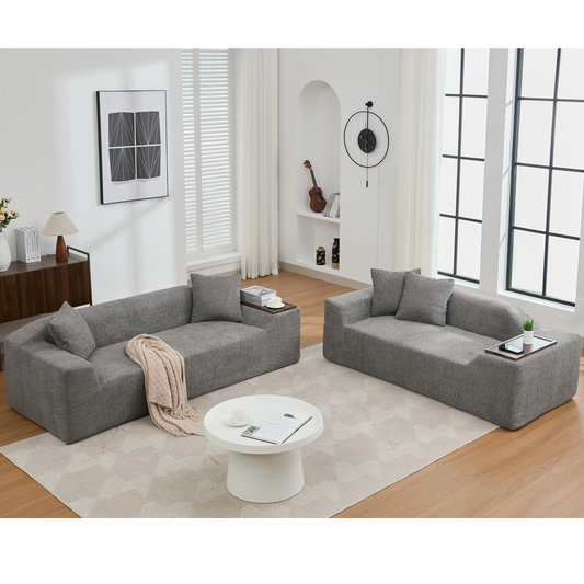 Gray fabric modular sofa with attached wood side table perfect for living rooms