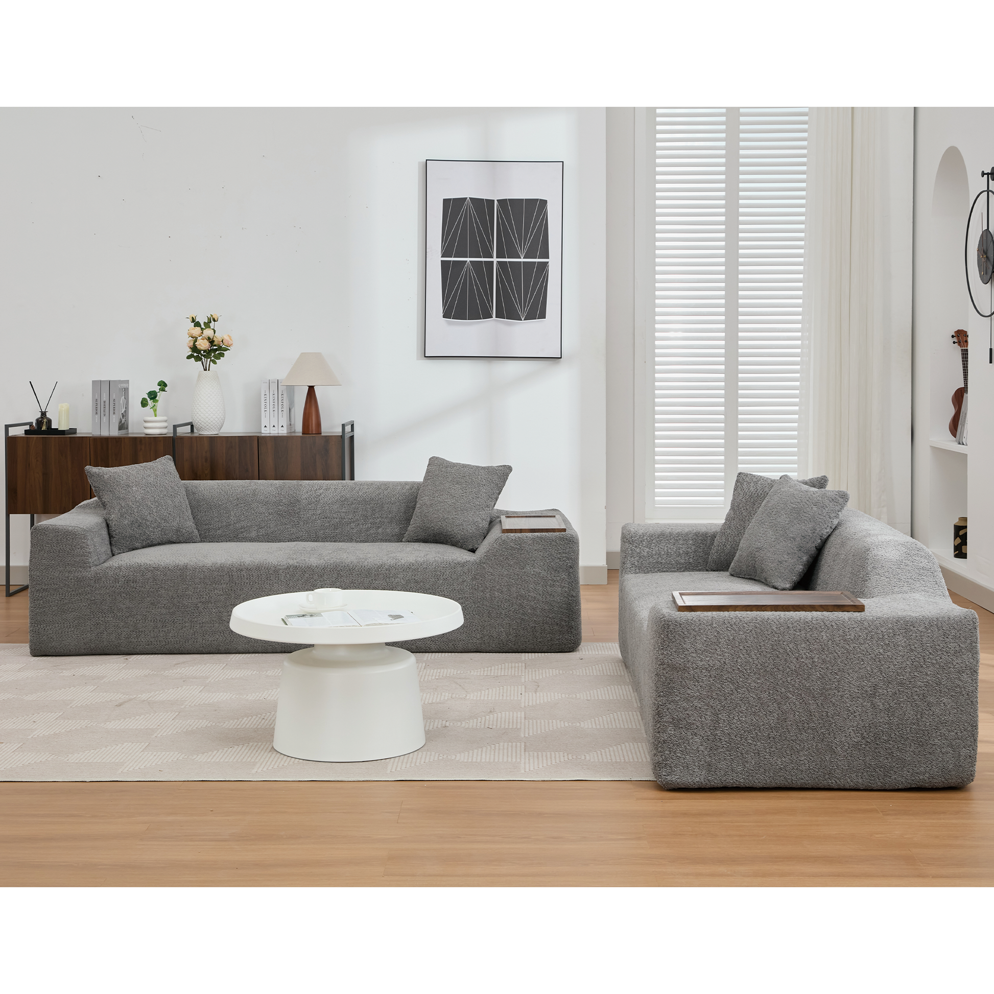 Gray textured sectional sofa with builtin side tray modern living room furniture