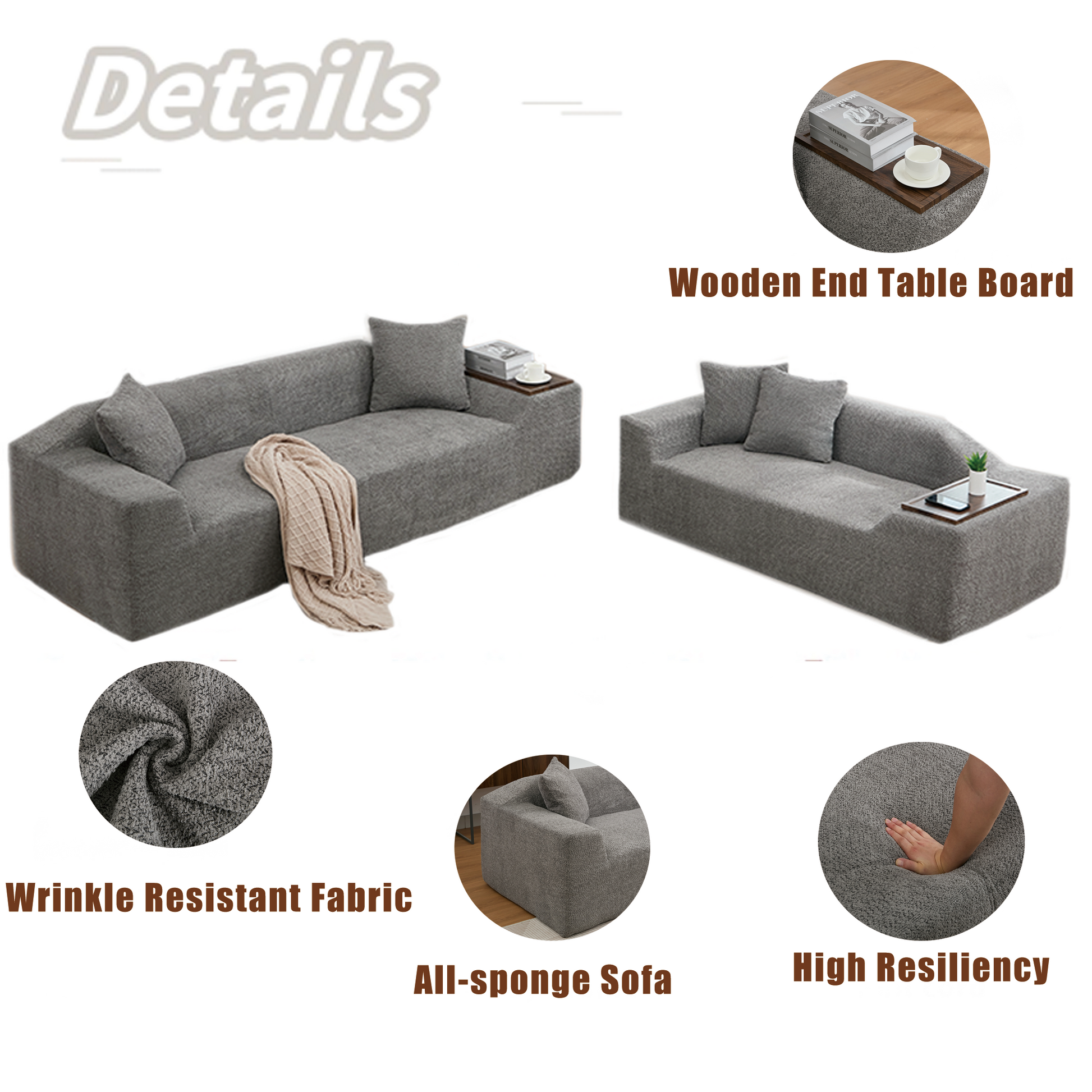 Gray sectional sofa with textured fabric and builtin wooden armrest table