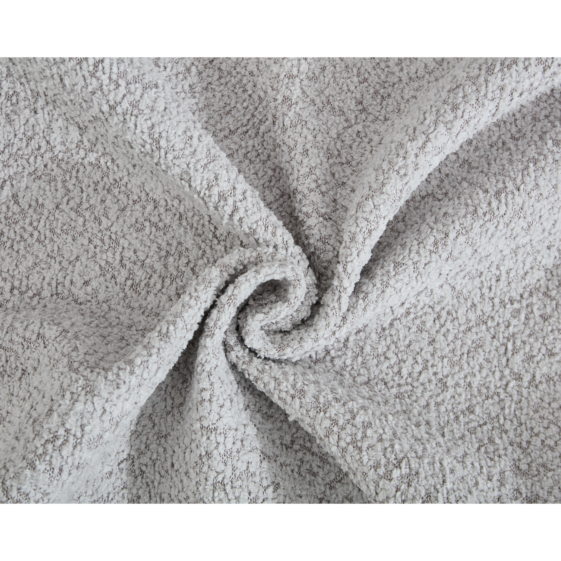 Closeup of soft textured grey sherpa fabric with a curled swirl