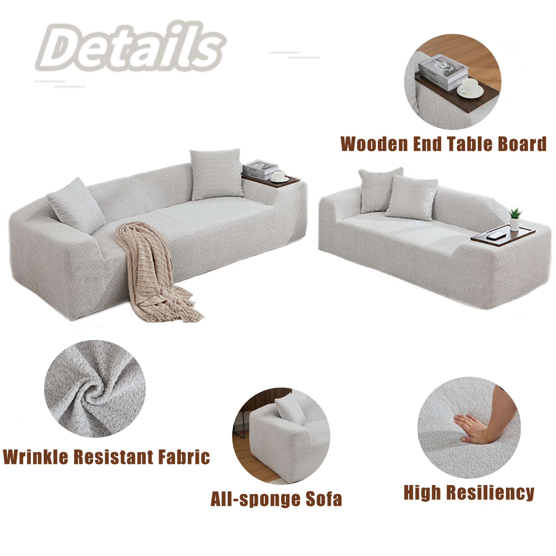 Light grey textured sofa with integrated wooden end table board for drinks