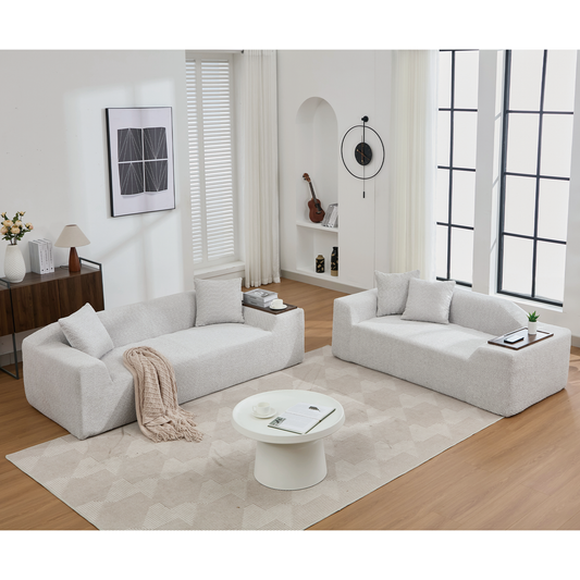 Light grey boucle modular sofa with builtin side tables for modern living rooms