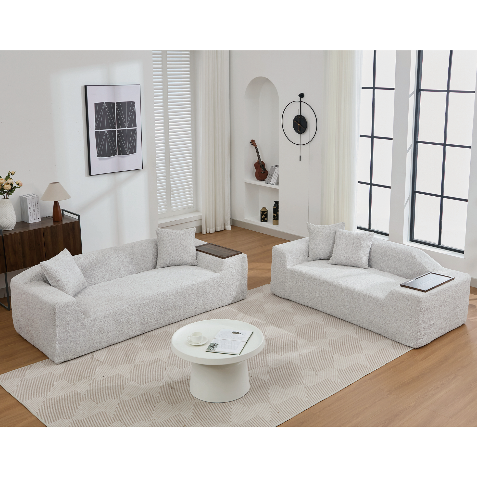 Luxurious boucle fabric sofa set in light grey perfect for modern living rooms