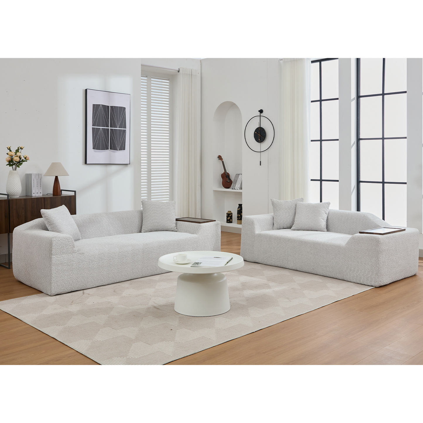 Cream boucle fabric sectional sofa with plush cushions and modern design for living room seating