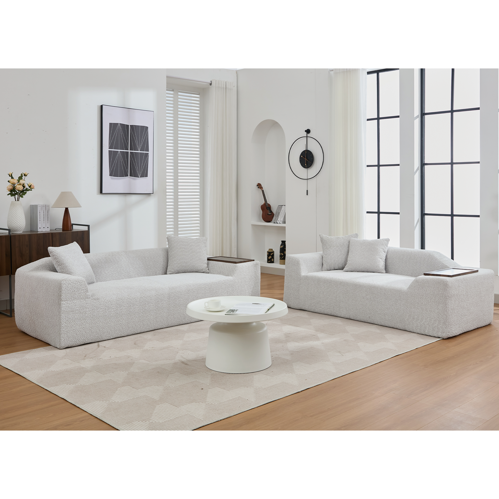 Cream boucle fabric sectional sofa with plush cushions and modern design for living room seating