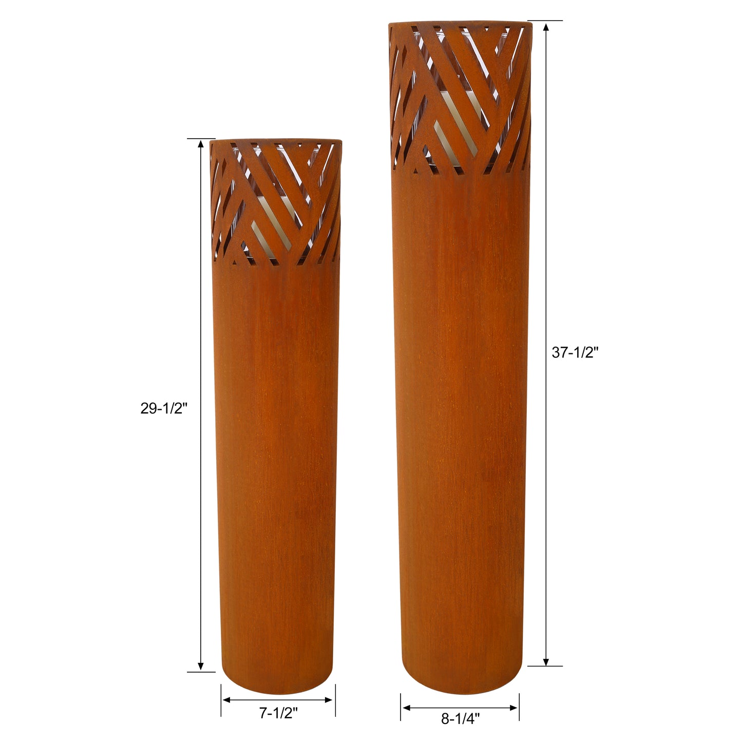 Rustic corten steel outdoor lantern  tall with geometric cutouts