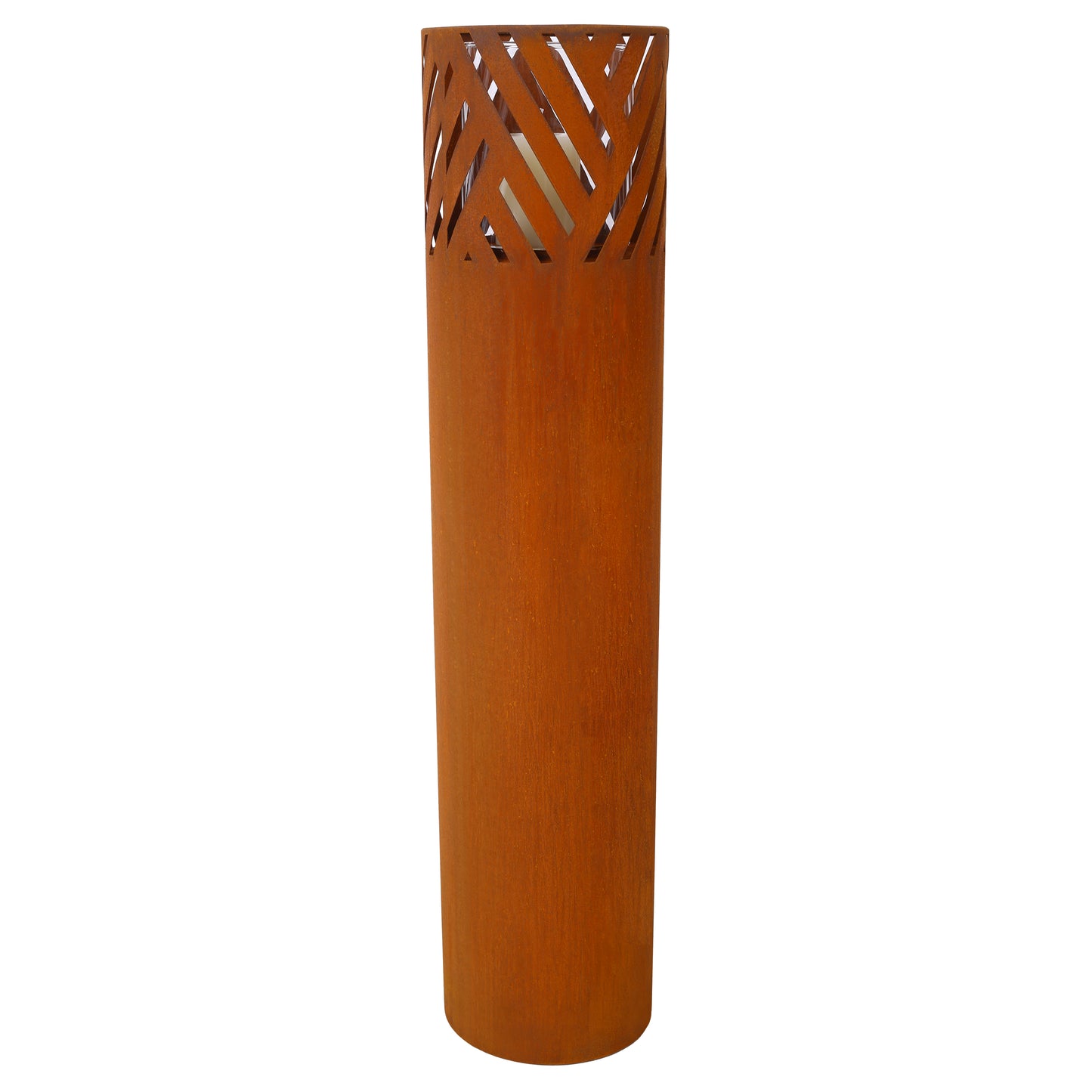Tall corten steel lantern with diamondcut pattern and glass cylinder for candle