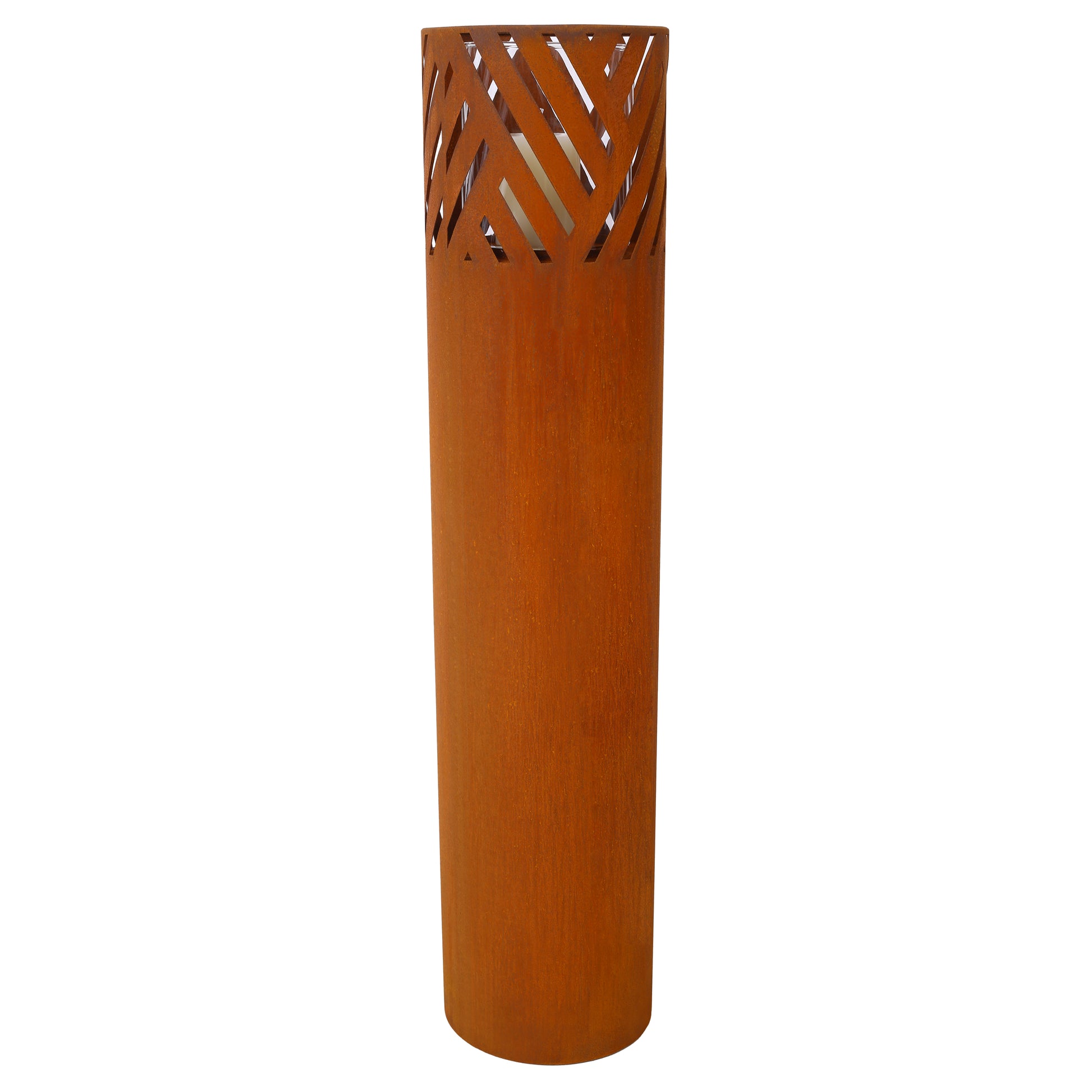 Tall corten steel lantern with diamondcut pattern and glass cylinder for candle