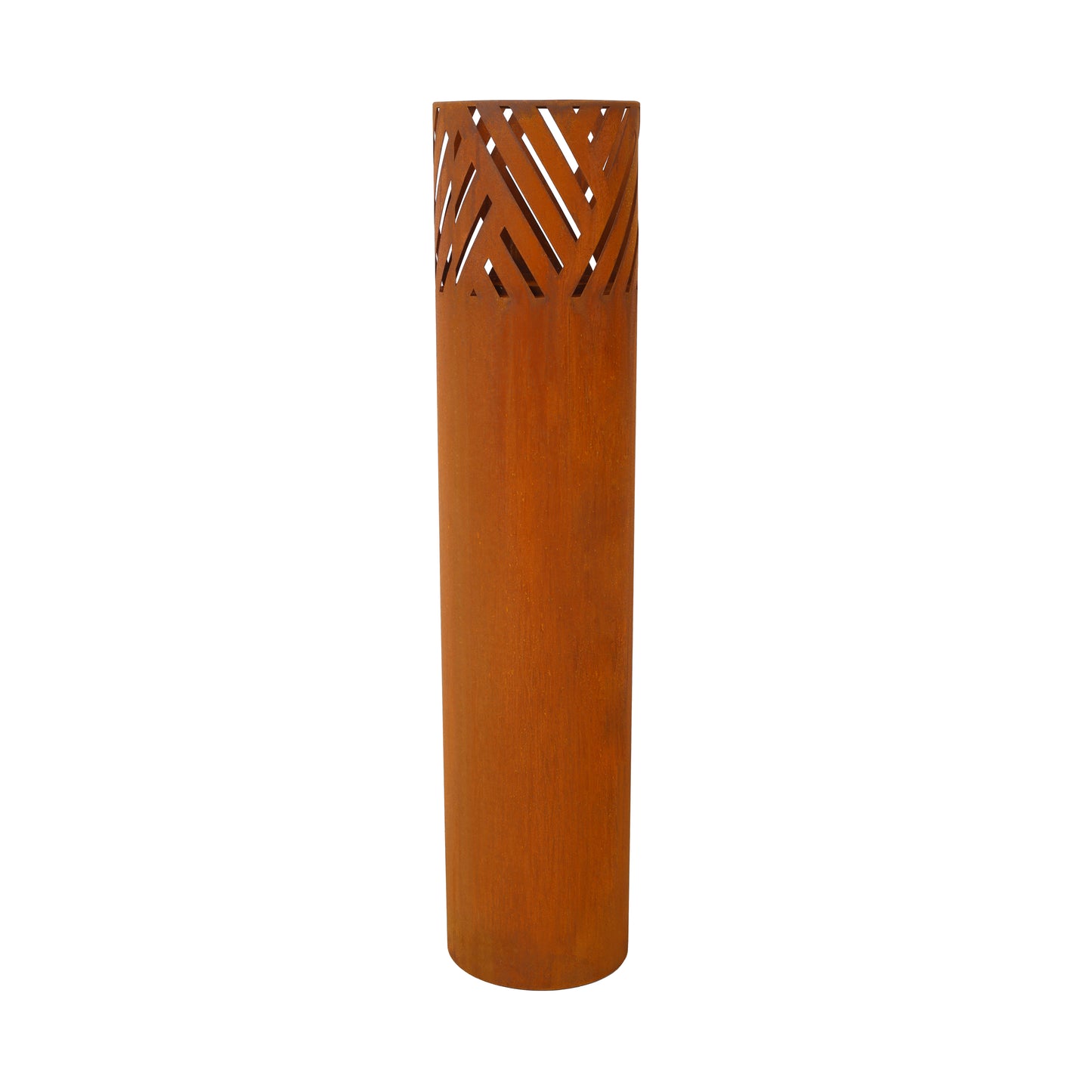 Tall corten steel planter with geometric cutouts for garden decor