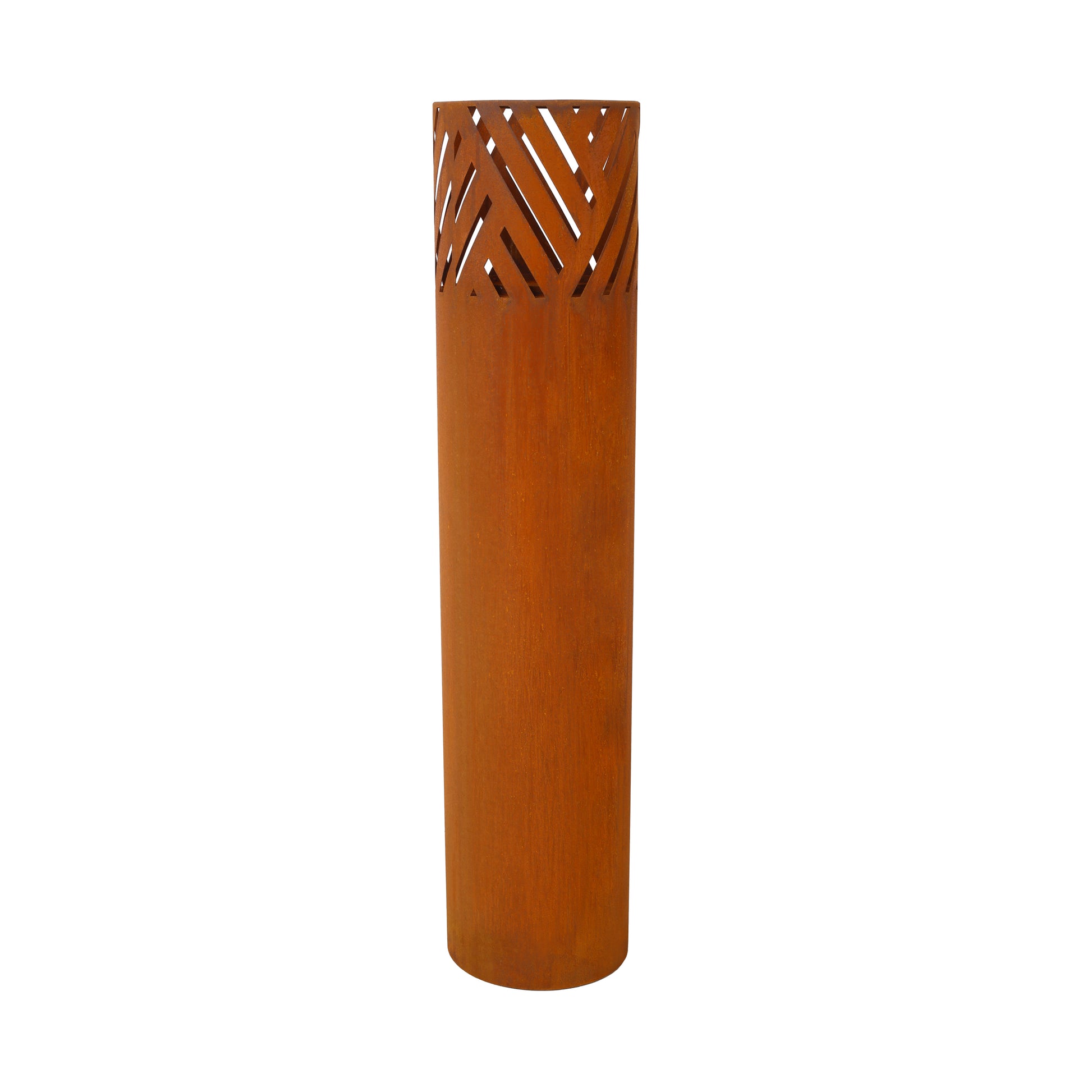 Tall corten steel planter with geometric cutouts for garden decor