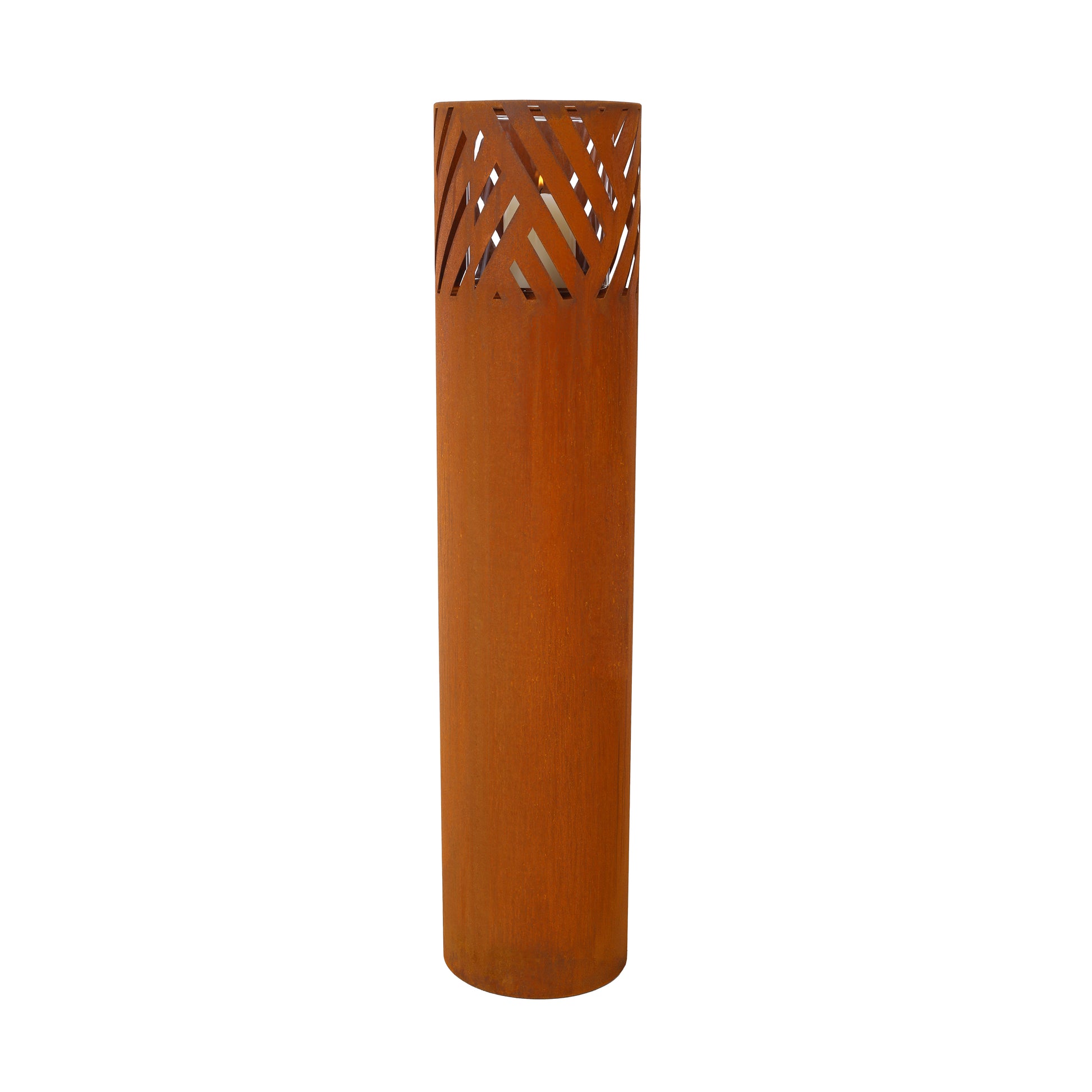 Corten steel outdoor lantern with geometric cutout pattern and glass cylinder insert