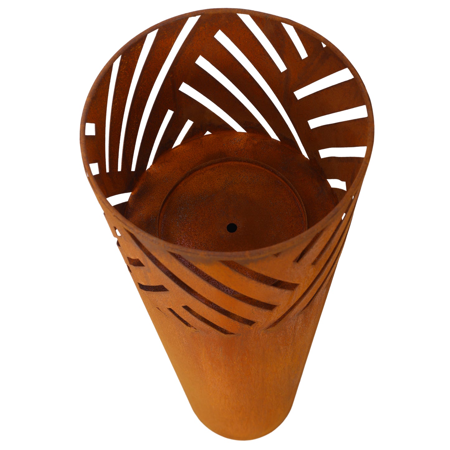 Cortened steel planter with intricate lasercut geometric pattern and drainage hole