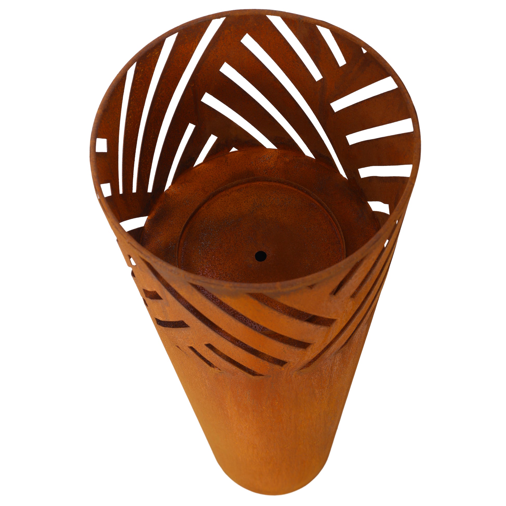 Cortened steel planter with intricate lasercut geometric pattern and drainage hole