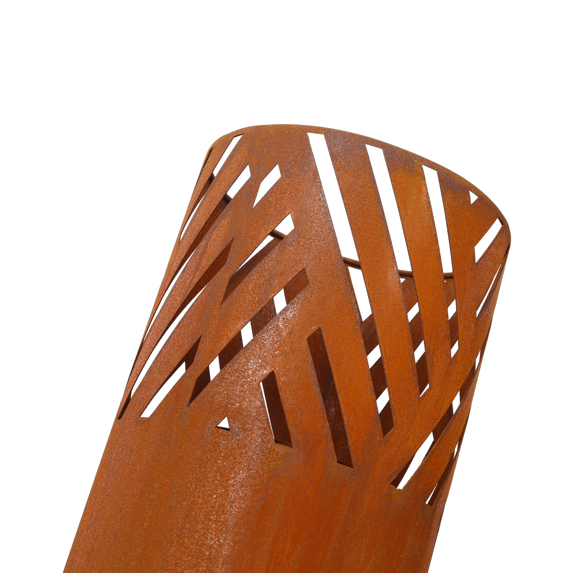 Rustic corten steel fire pit bowl with geometric cutouts outdoor patio decor