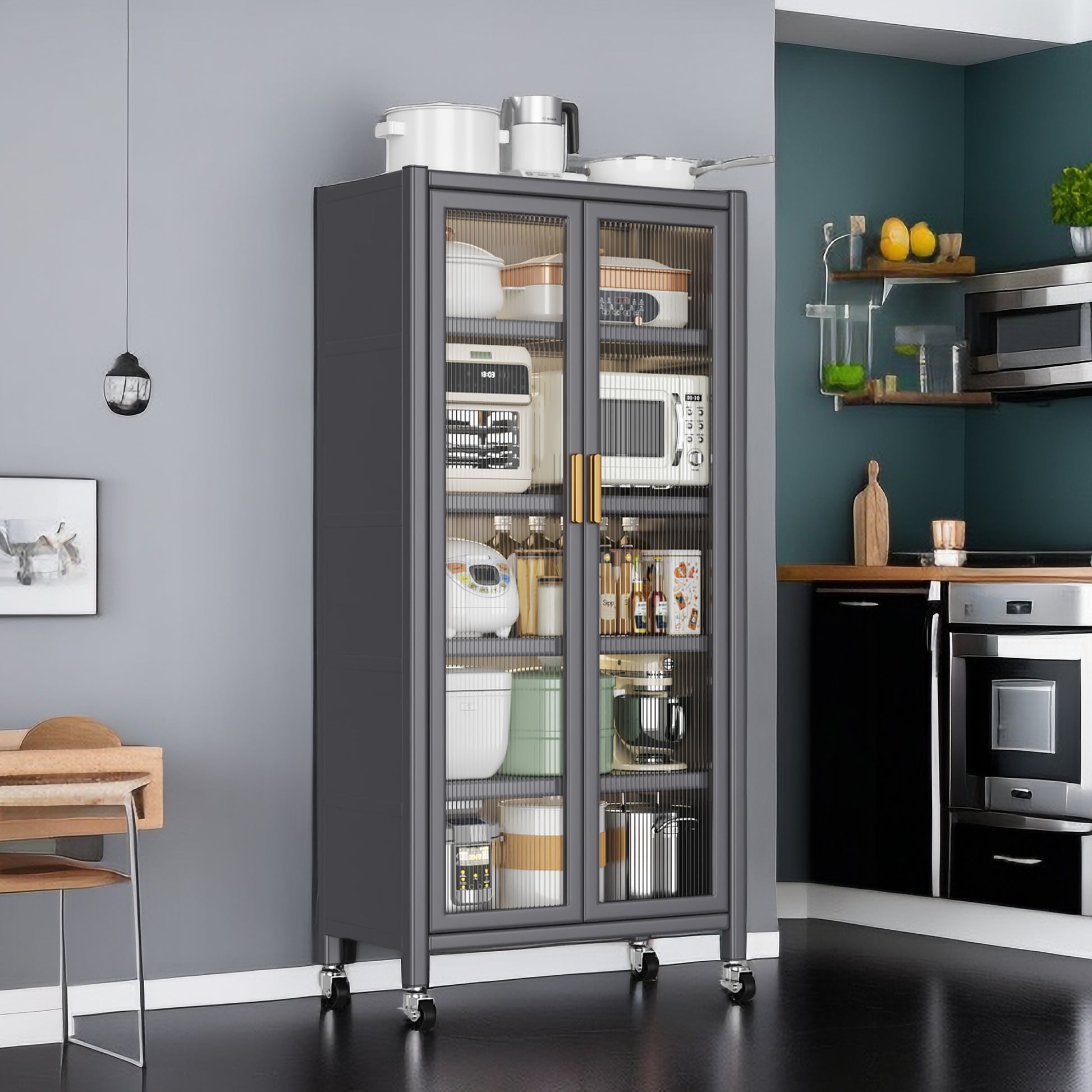 Gray metal kitchen cabinet with glass doors and kitchen appliances