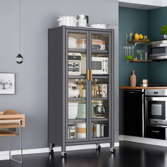 Gray metal kitchen cabinet with glass doors and kitchen appliances