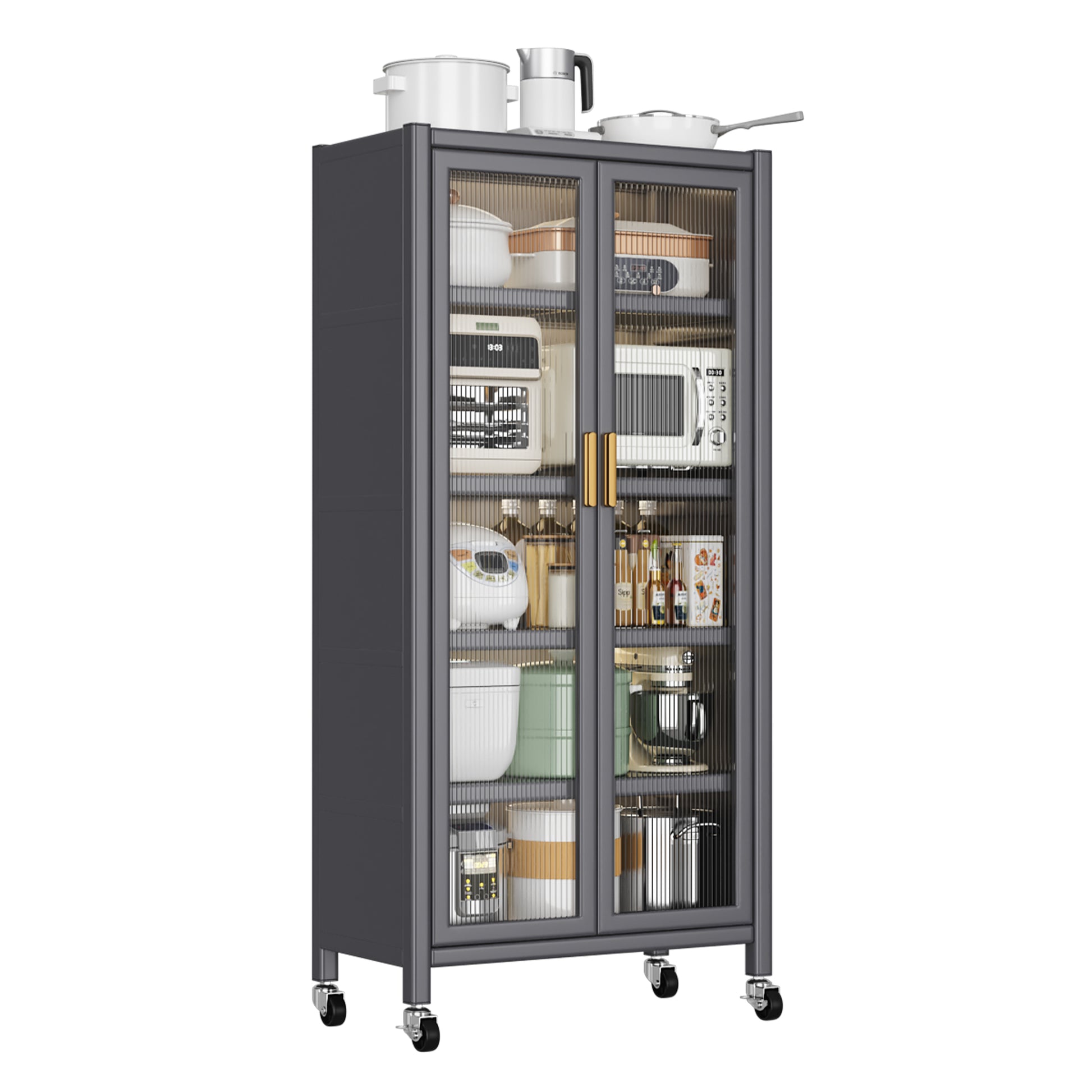 Gray metal kitchen storage cabinet with glass doors filled with appliances