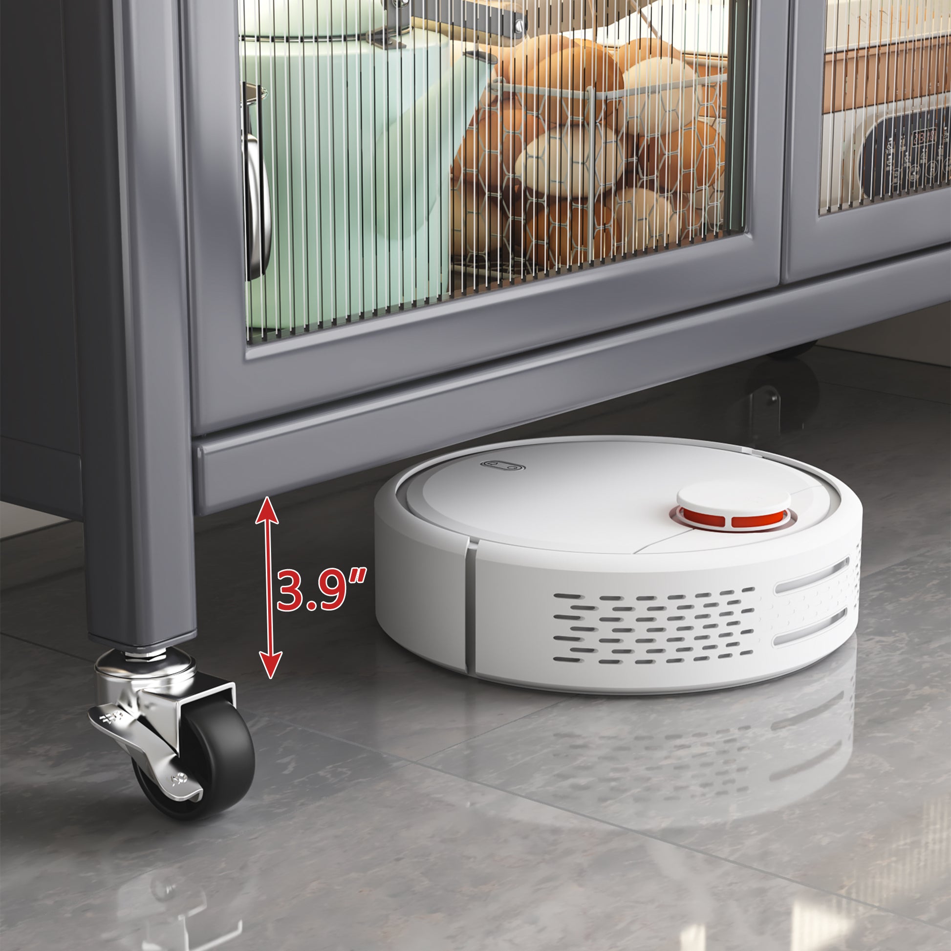 White robot vacuum cleaner with red accents cleans floor under gray cabinet with  inch clearance