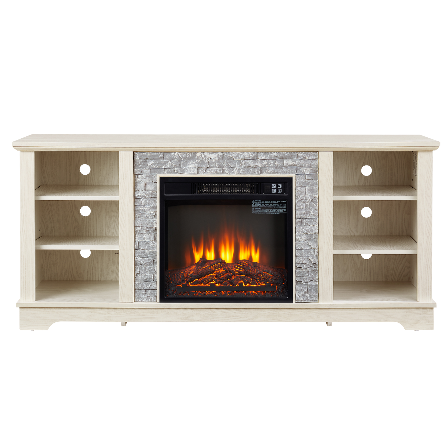 Light oak media console with electric fireplace and stone surround  inch