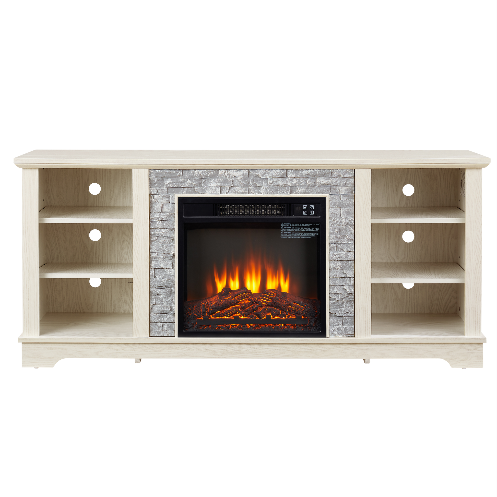 Light oak media console with electric fireplace and stone surround  inch