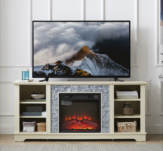 Light oak TV stand with builtin electric fireplace and realistic flame effect