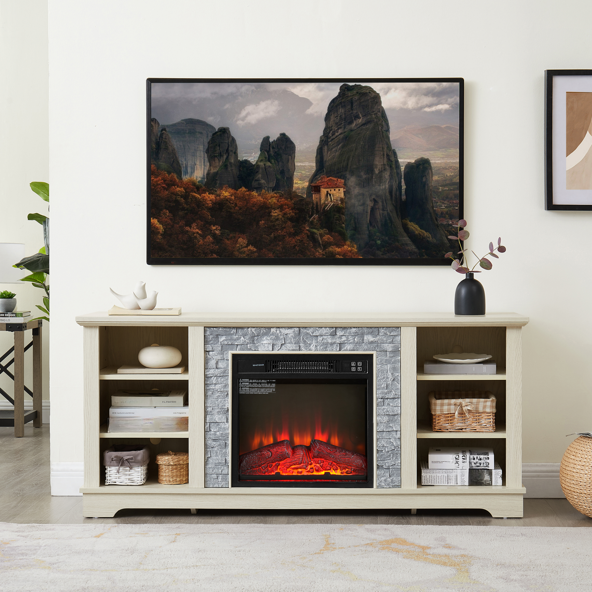 Light oak TV stand with faux stone electric fireplace insert and storage shelves