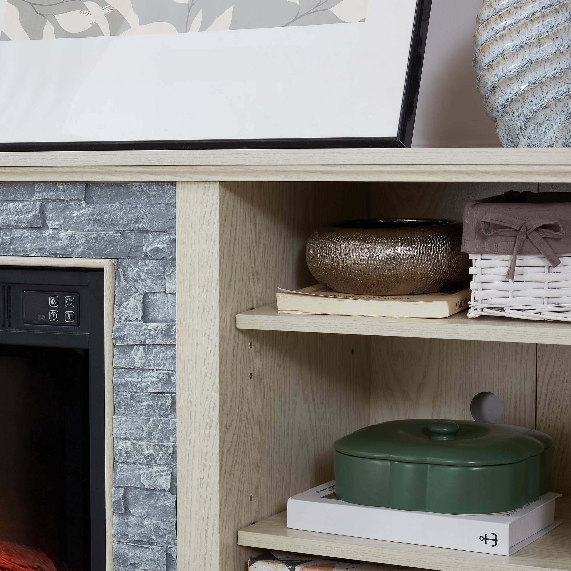 Light oak wood electric fireplace entertainment center with stone veneer surround
