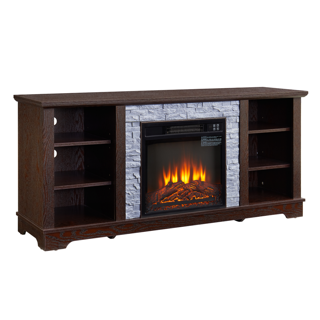 Dark wood media console with stone fireplace insert and open shelving