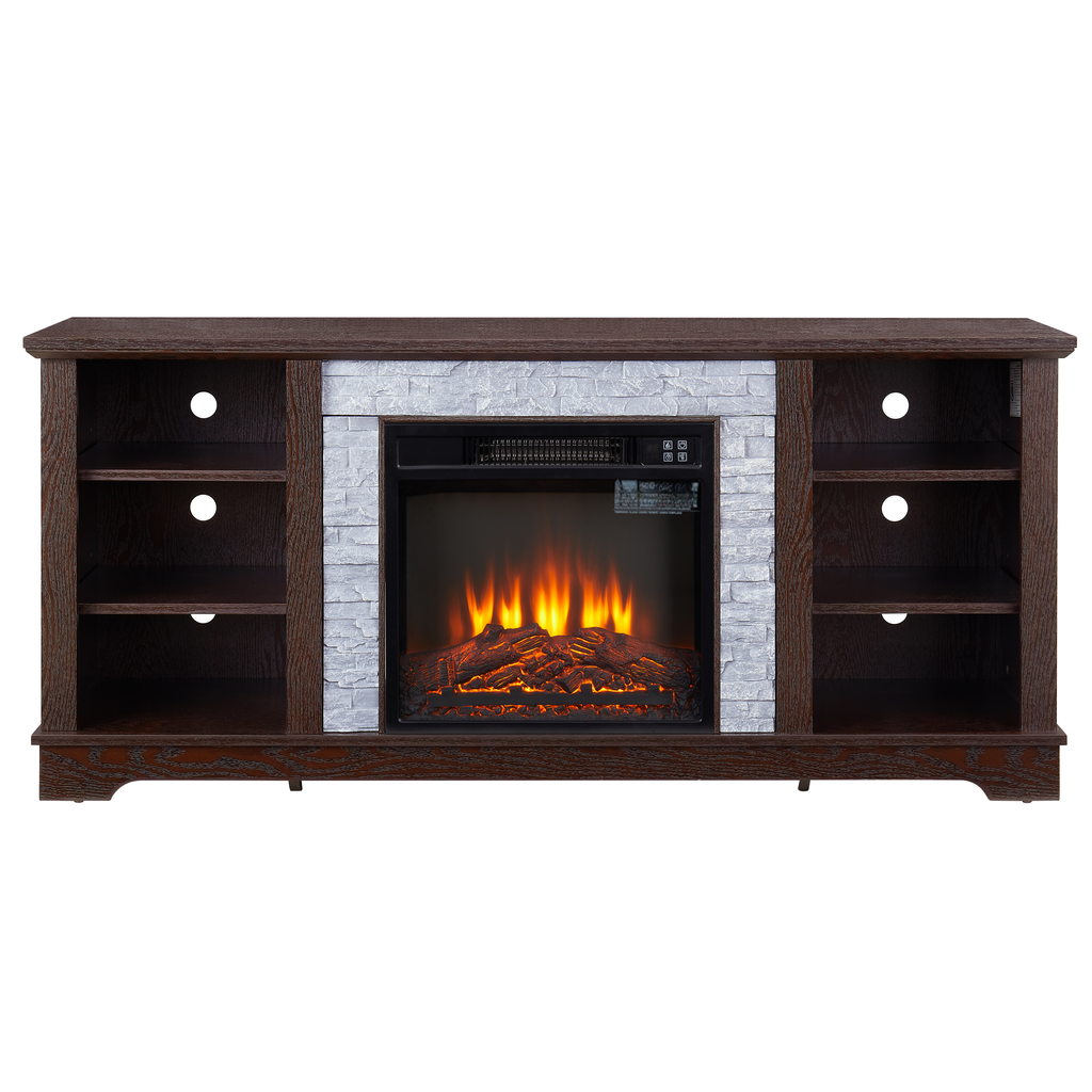 Dark wood media console with realistic electric fireplace and stone surround  characters