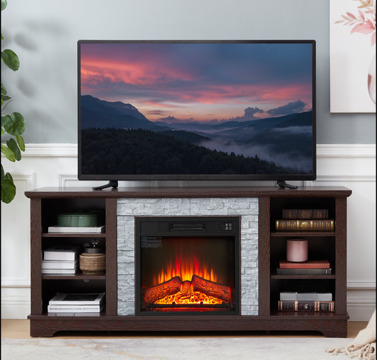 Dark brown wood media console with electric fireplace and television