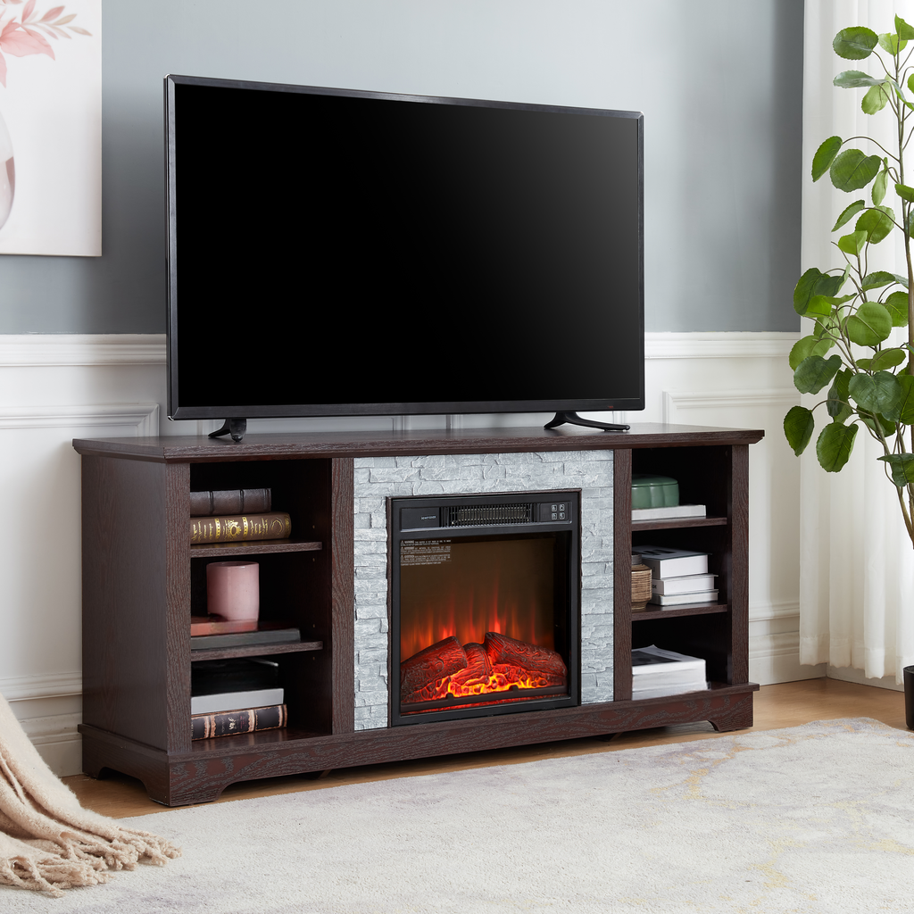 Dark wood media console with electric fireplace and stone surround