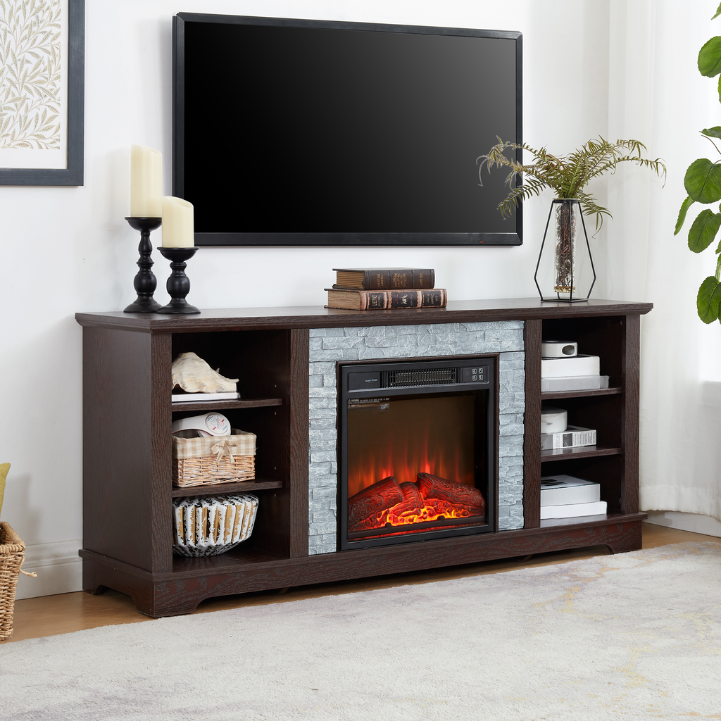 Dark wood entertainment center with electric fireplace faux stone surround and storage shelves