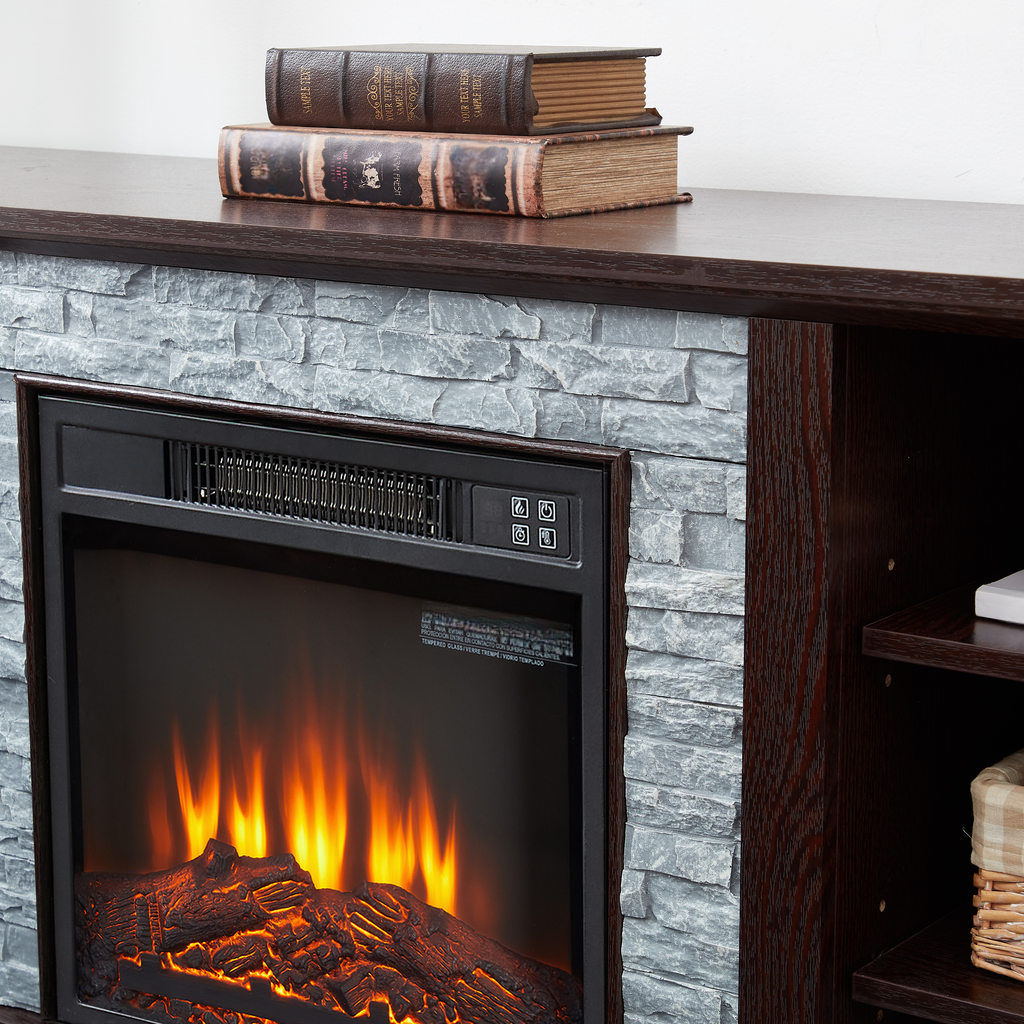 Realistic electric fireplace with stone surround and dark wood mantel