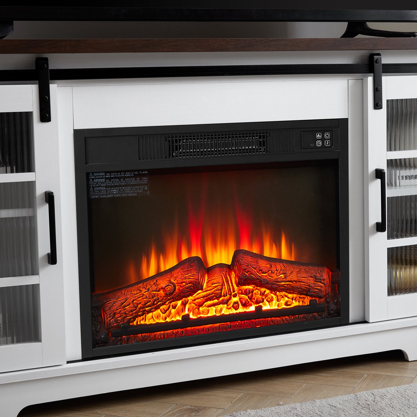 White electric fireplace media console with realistic flame effect logs
