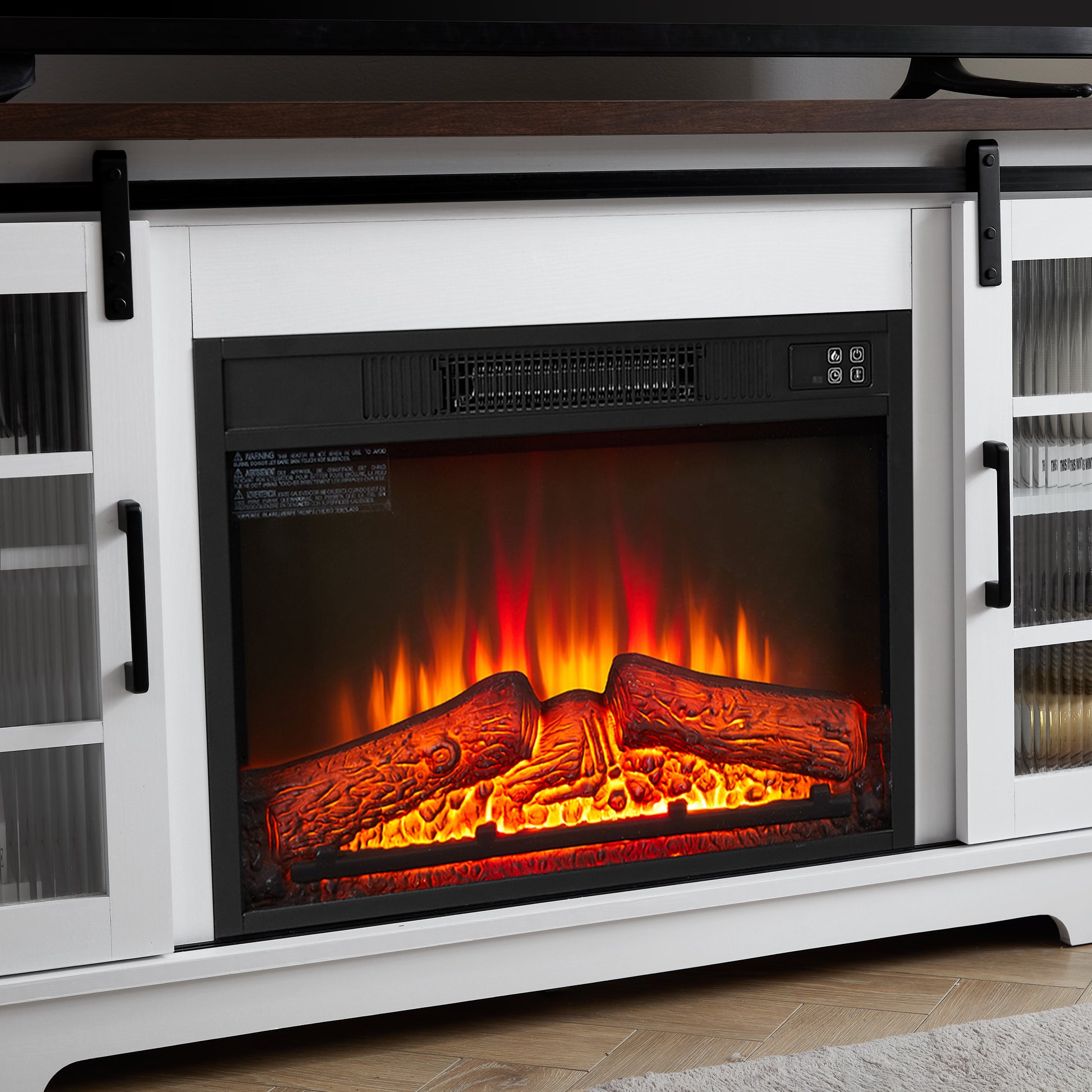 White electric fireplace media console with realistic flame effect logs