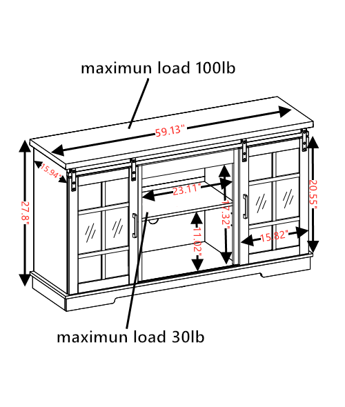 Line drawing of a sliding door media console with dimensions and weight limits